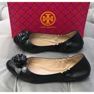 Tory Burch Minnie Travel Ballet Flats Flower Logo Black Leather Womens Shoes 10